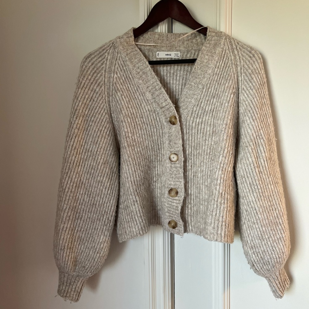 Mango Light Beige Ribbed Cropped Cardigan